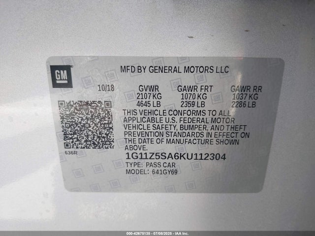 1G11Z5SA6KU112304 Chevrolet lcv - spark ignited direct injection, dcvcp, variable valve timing, e85 max, e0-e100, alum