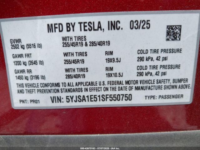 2025 TESLA MODEL S 5YJSA1E51SF550750 Photo 8