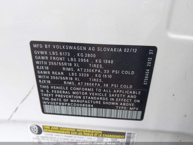 2012 VOLKSWAGEN TOUAREG WVGEF9BP8CD008584 Photo 8