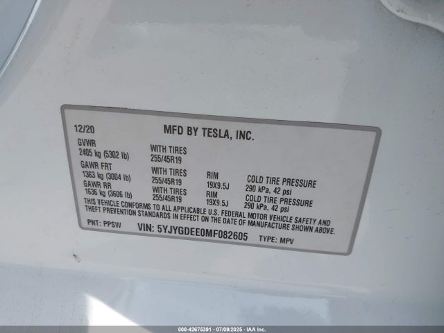 2021 TESLA MODEL Y 5YJYGDEE0MF082605 Photo 8