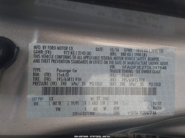 Ford 2016 2016 1FADP3E27GL397648 Image 9