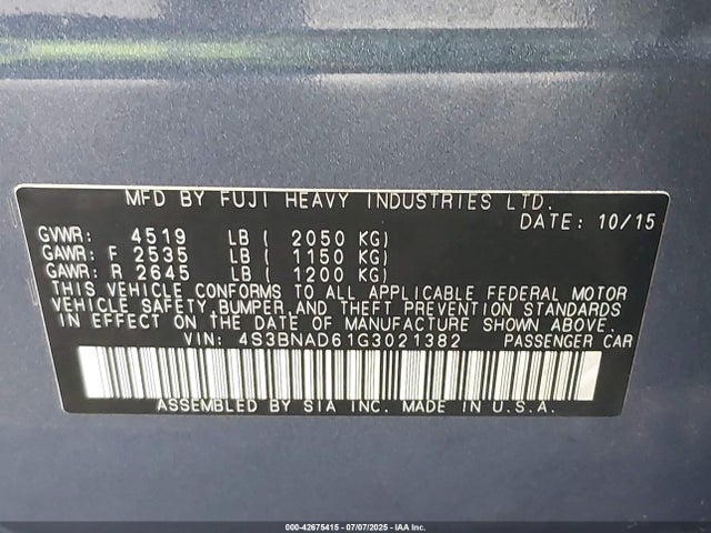 Subaru 2.5l u5 2016 4S3BNAD61G3021382 Image 9
