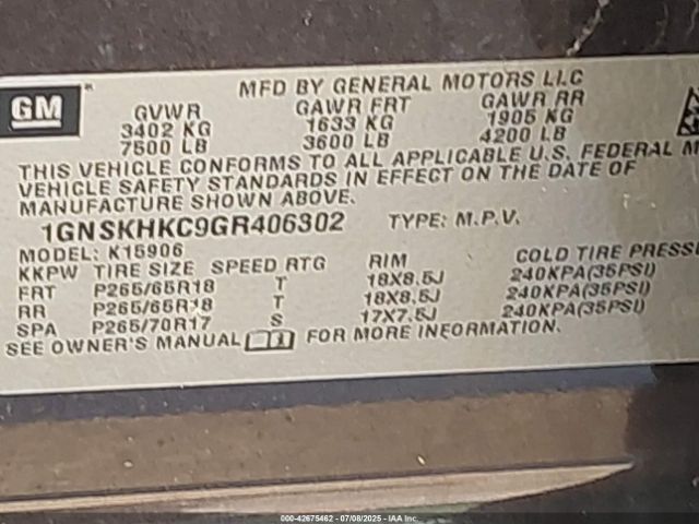 2016 CHEVROLET SUBURBAN 1GNSKHKC9GR406302 Photo 8