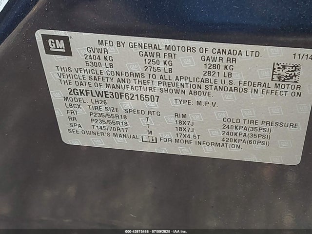 GMC lfx - sidi, vvt, e85 max, alum 2015 2GKFLWE30F6216507 Image 9