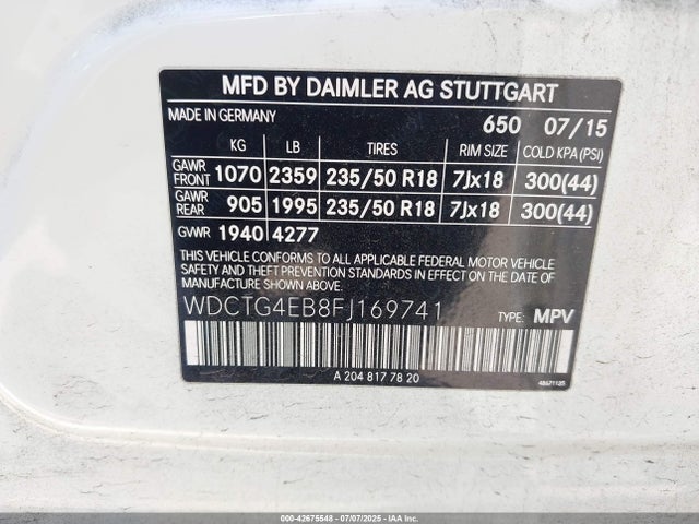 Mercedes-Benz 2015 2015 WDCTG4EB8FJ169741 Image 9
