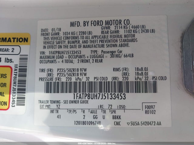 1FATP8UH7J5133453 Ford 2.3l 4v premium fuel