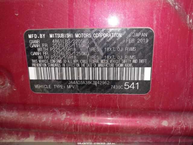 2019 MITSUBISHI OUTLANDER JA4AD3A38KZ042962 Photo 8