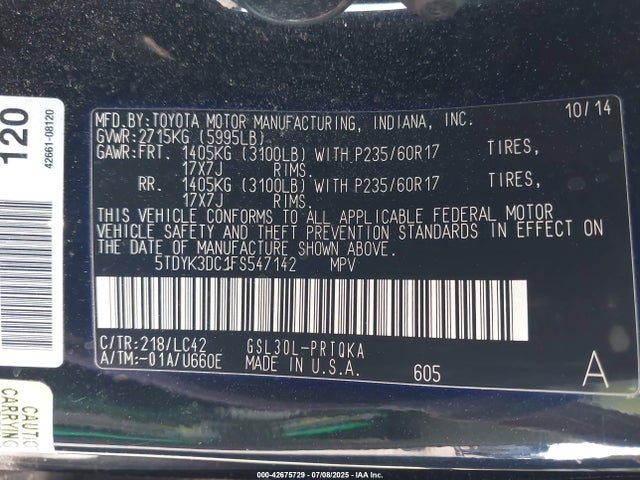 5TDYK3DC1FS547142 Toyota 2gr-fks