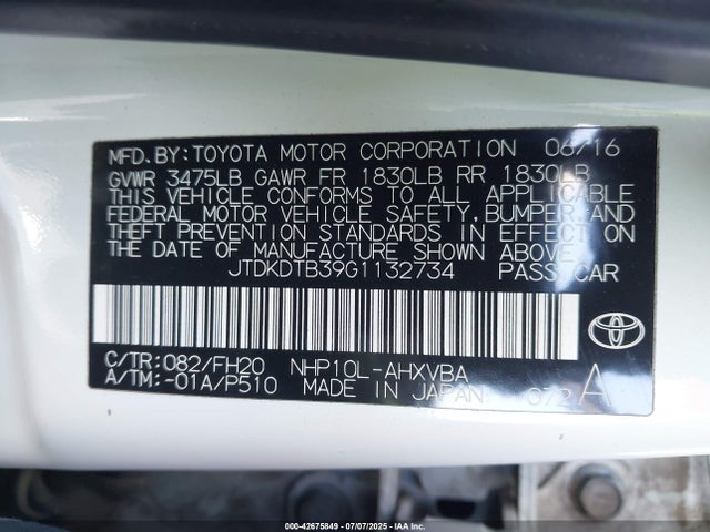 JTDKDTB39G1132734 Toyota 1nz-fxe+1lm