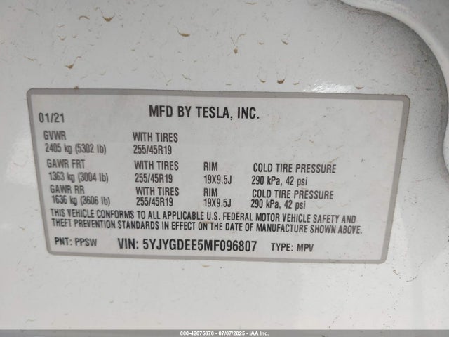 2021 TESLA MODEL Y 5YJYGDEE5MF096807 Photo 8