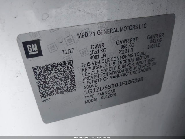 Chevrolet lfv - direct injection, variable valve timing, gen 1 2018 1G1ZD5ST0JF156398 Image 9