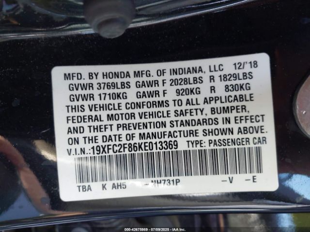 2019 HONDA CIVIC 19XFC2F86KE013369 Photo 8