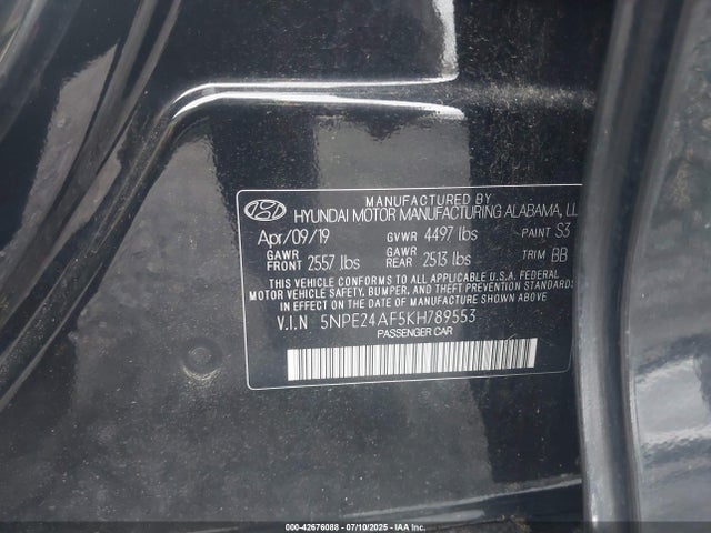 42676088 :رقم المزاد ، 5NPE24AF5KH789553 vin ، 2019 Hyundai Sonata Se مزاد بيع