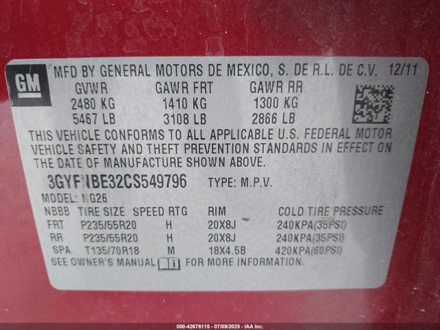 2012 CADILLAC SRX 3GYFNBE32CS549796 Photo 8