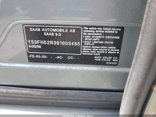 2009 SAAB 9-3 YS3FH52R391003485 Photo 8