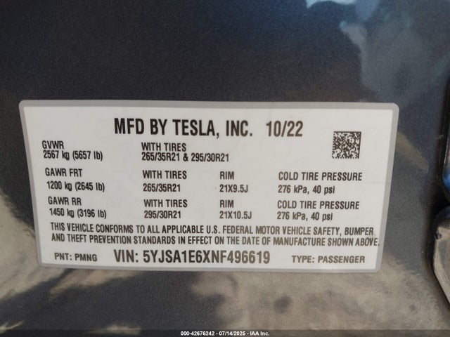 2022 TESLA MODEL S 5YJSA1E6XNF496619 Photo 8