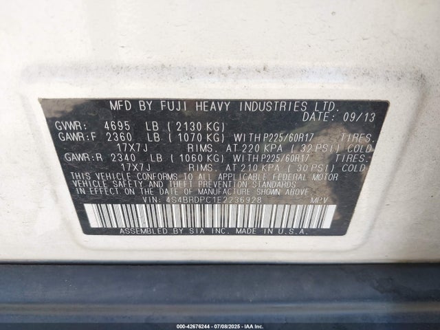 Subaru 3.6na u5 2014 4S4BRDPC1E2236928 Image 9
