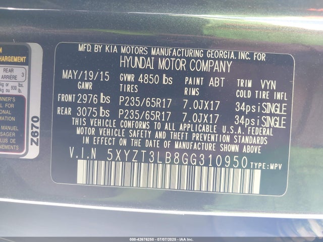 5XYZT3LB8GG310950 Hyundai gdi theta ii