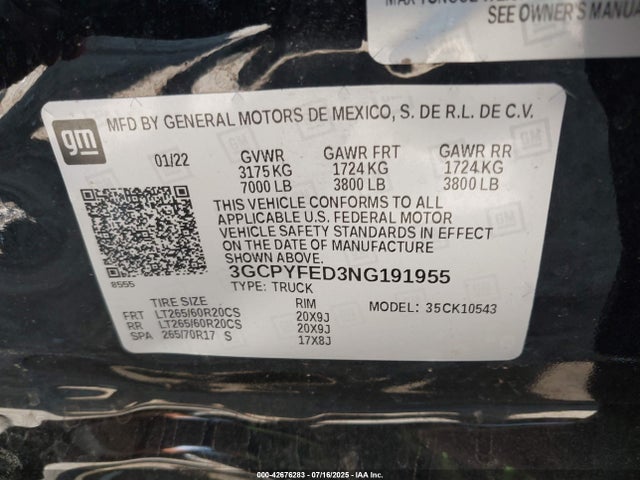 3GCPYFED3NG191955 Chevrolet l84