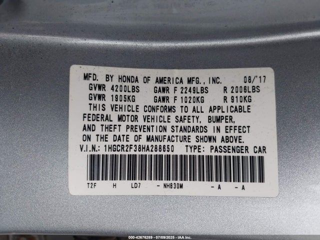 1HGCR2F38HA288650 Honda k24w1