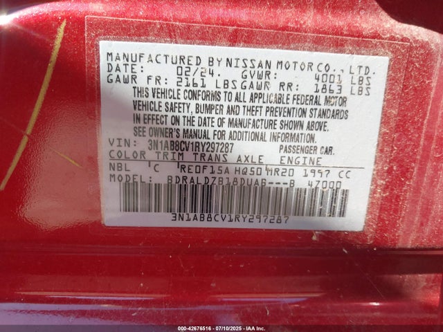 Aukcja sprzedaży 2024 Nissan Sentra Sv Xtronic Cvt, vin: 3N1AB8CV1RY297287, numer aukcji: 42676516