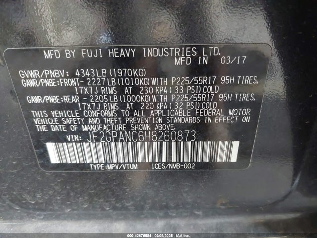 JF2GPANC6H8260873 Subaru naturally aspirated