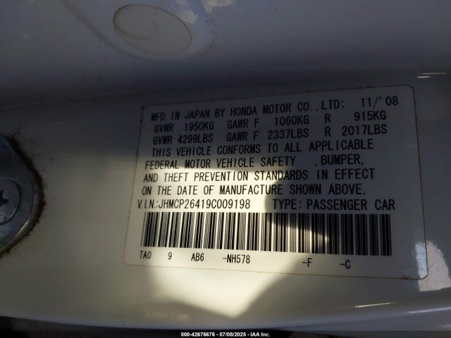 42676676 :رقم المزاد ، JHMCP26419C009198 vin ، 2009 Honda Accord 2.4 Lx-p مزاد بيع