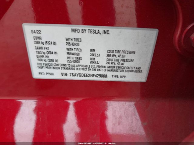 2022 TESLA MODEL Y 7SAYGDEE2NF429808 Photo 8