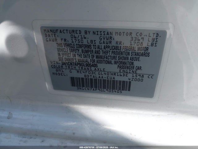 Nissan Versa 1.6 S 2016 3N1CN7AP9GL905405 Image 9
