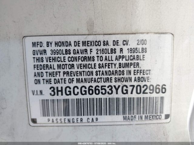 2000 HONDA ACCORD 3HGCG6653YG702966 Photo 8