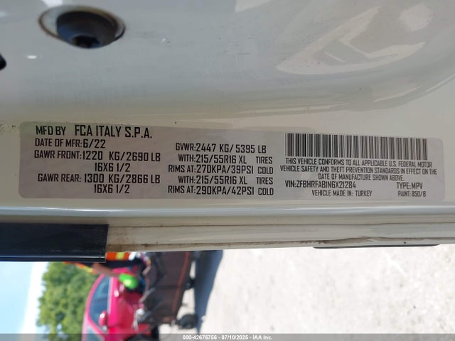 42676756 :رقم المزاد ، ZFBHRFAB1N6X21284 vin ، 2022 Ram Promaster City Cargo Van مزاد بيع