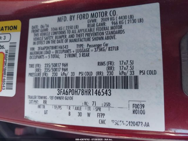 2017 FORD FUSION 3FA6P0H78HR146543 Photo 8
