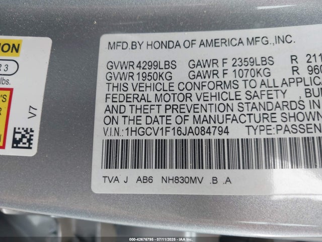 1HGCV1F16JA084794 Honda l15be
