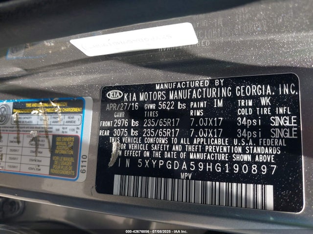 KIA 2017 2017 5XYPGDA59HG190897 Image 9
