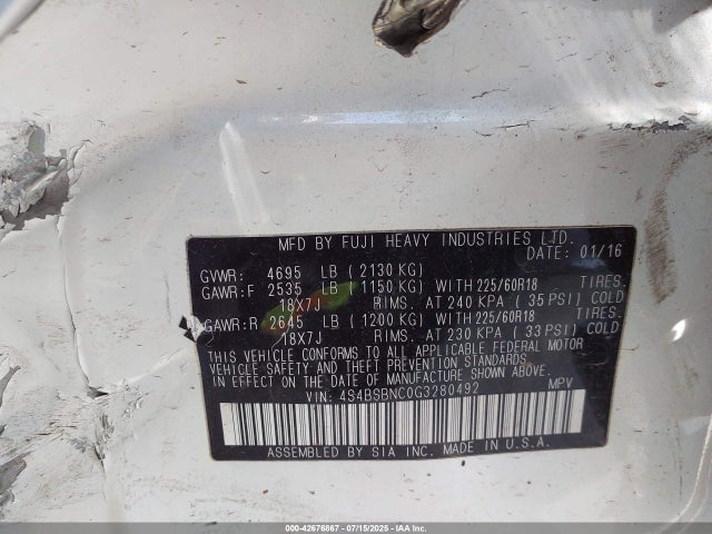 4S4BSBNC0G3280492 Subaru 2.5l u6