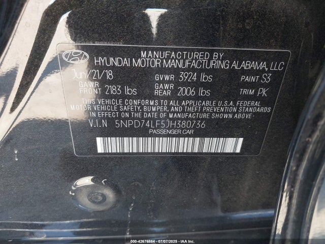 5NPD74LF5JH380736 Hyundai mpi nu