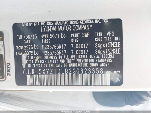5XYZTDLB2GG323358 Hyundai gdi theta ii