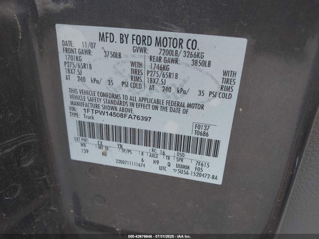 Aukcja sprzedaży 2008 Ford F-150 Xlt, vin: 1FTPW14508FA76397, numer aukcji: 42676946