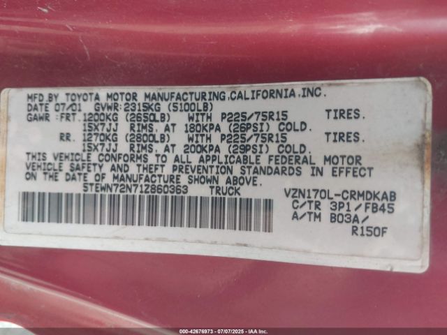 2001 TOYOTA TACOMA 5TEWN72N71Z860363 Photo 8