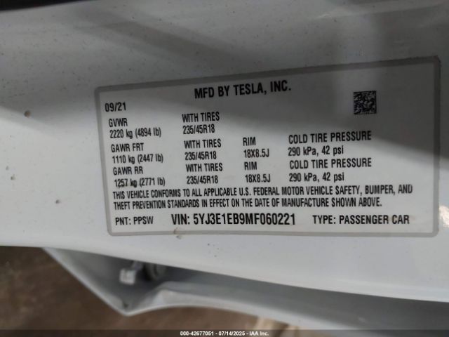 2021 TESLA MODEL 3 5YJ3E1EB9MF060221 Photo 8