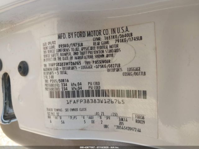 2003 FORD FOCUS 1FAFP38383W126765 Photo 8