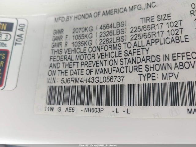 5J6RM4H43GL056737 Honda k24w9