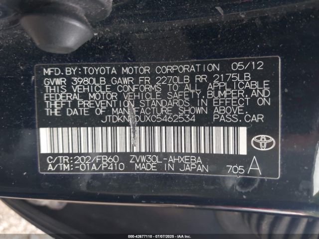 2012 TOYOTA PRIUS JTDKN3DUXC5462534 Photo 8