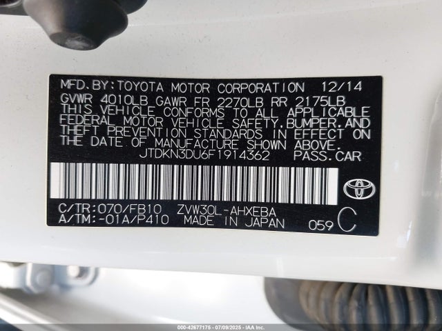 JTDKN3DU6F1914362 Toyota 2zr-fxe+3jm