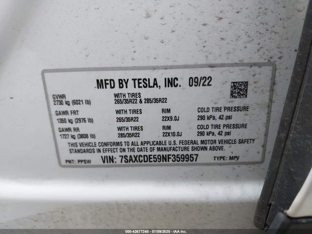 2022 TESLA MODEL X 7SAXCDE59NF359957 Photo 8