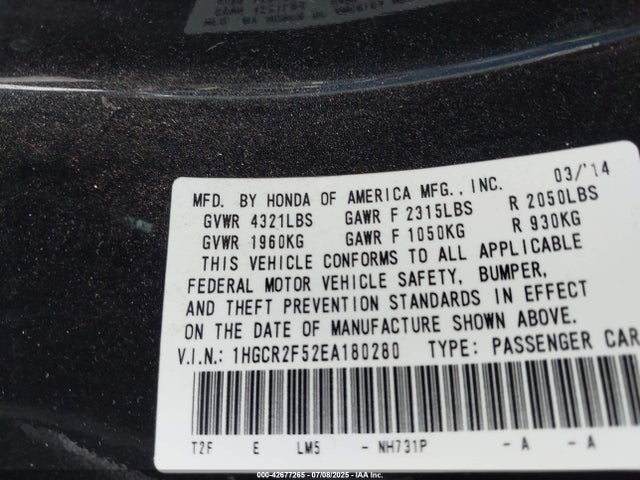 Honda k24w1 2014 1HGCR2F52EA180280 Image 9