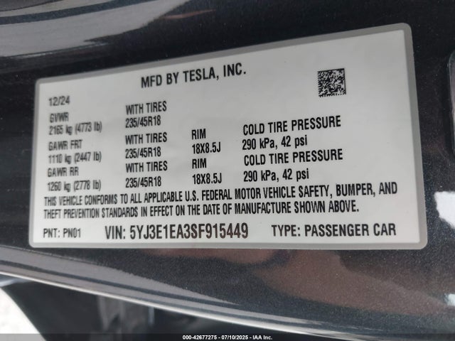 2025 TESLA MODEL 3 5YJ3E1EA3SF915449 Photo 8