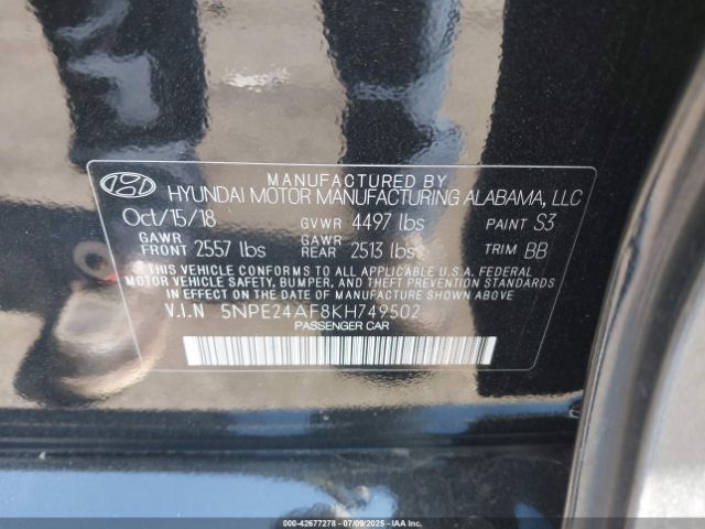 2019 HYUNDAI SONATA 5NPE24AF8KH749502 Photo 8