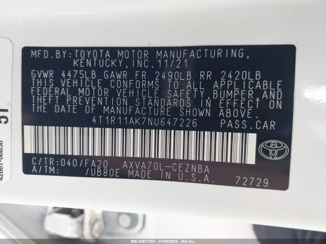 4T1R11AK7NU647226 Toyota a25a-fks