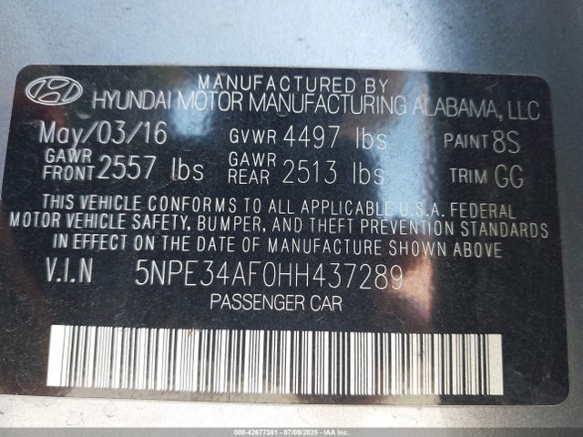 5NPE34AF0HH437289 Hyundai 2017